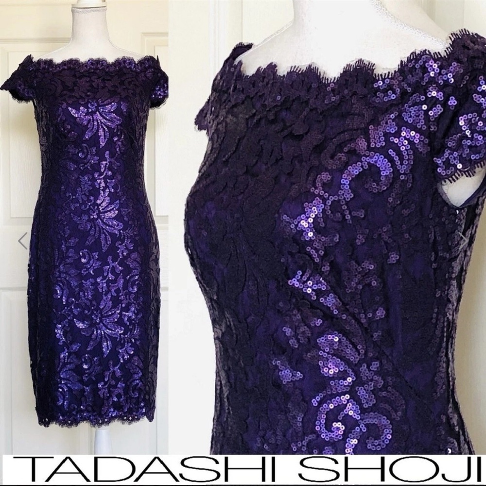 NWT Tadashi Shoji Sequin Scallop Lace Cocktail Dress Size 4 Cap Sleeve